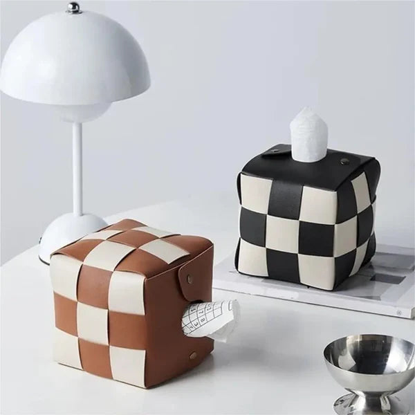 Tissue box cover displayed on wooden bedside table